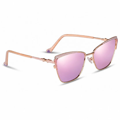 Fiore 3837 cat eye sunglasses, pink steel frame, mirrored pink polarized lens, three-quarter view · ReFramed