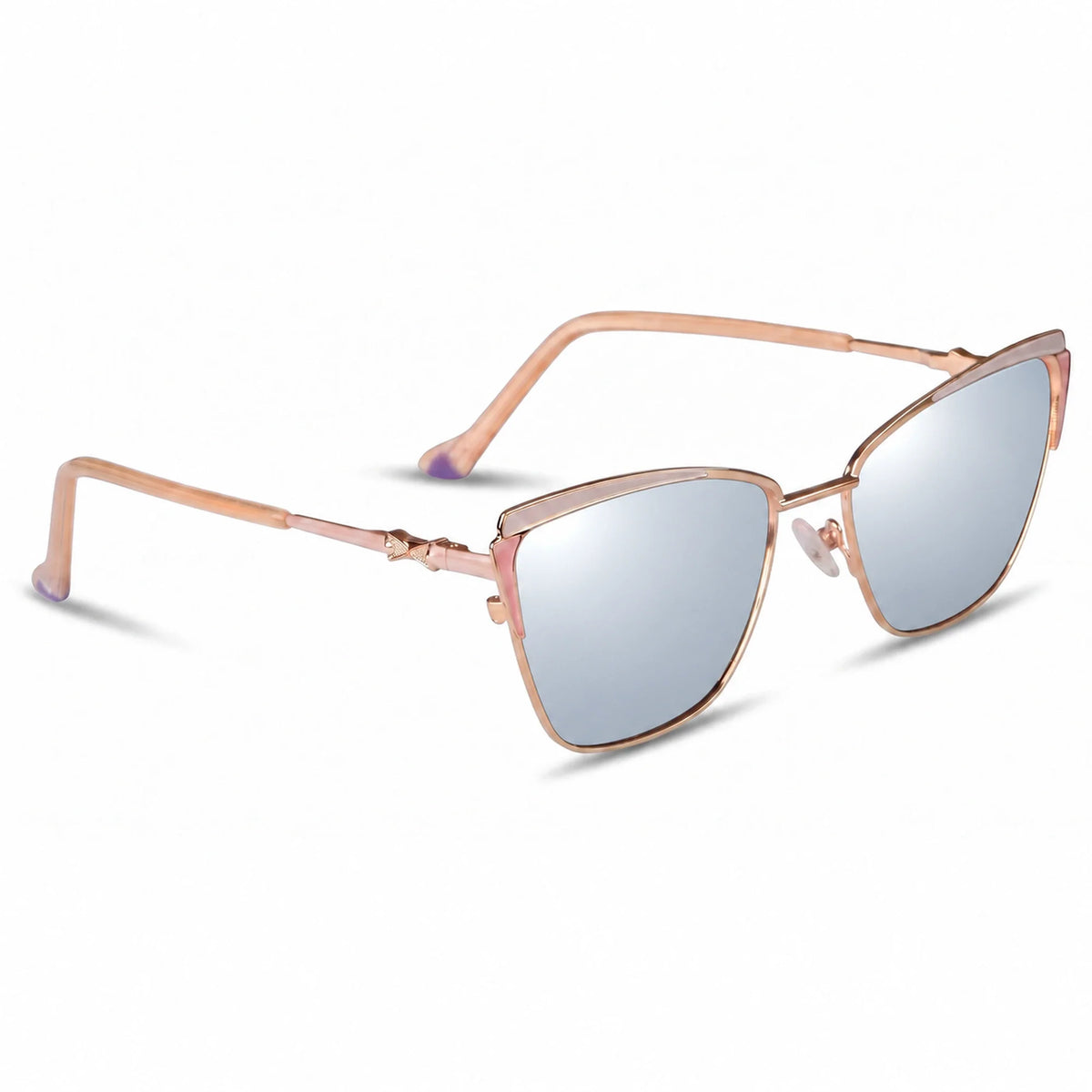 Fiore 3837 cat eye sunglasses, pink steel frame, mirrored silver polarized lens, three-quarter view · ReFramed
