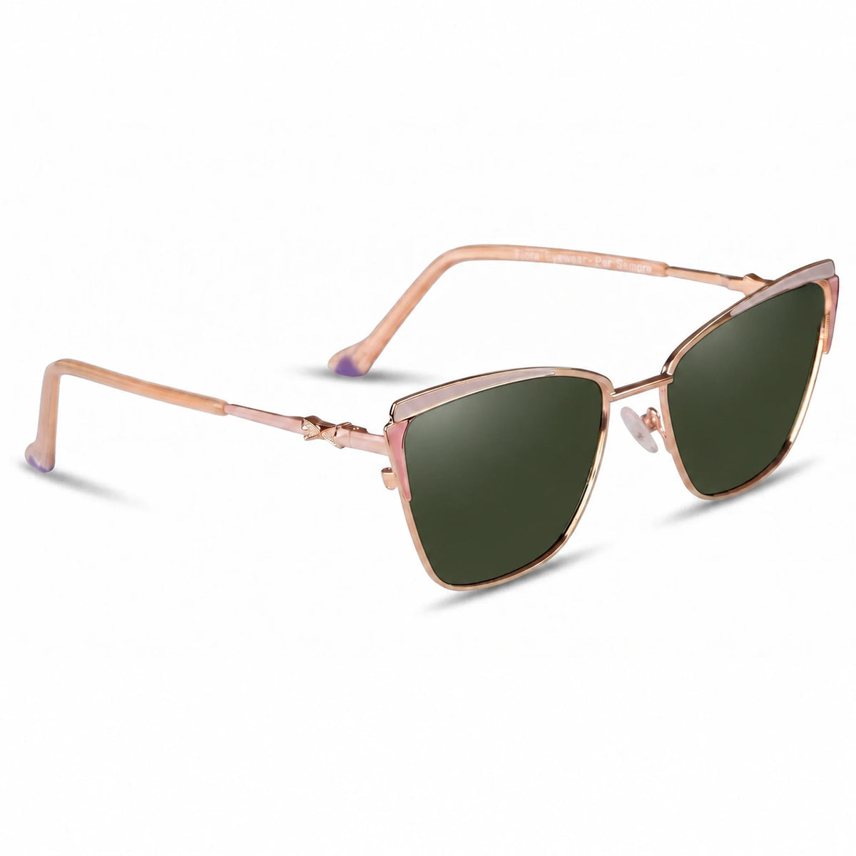 Fiore 3837 cat eye sunglasses, pink steel frame, G15 polarized lens, three-quarter view · ReFramed