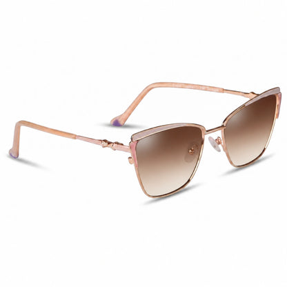 Fiore 3837 cat eye sunglasses, pink steel frame, gradient brown polarized lens, three-quarter view · ReFramed