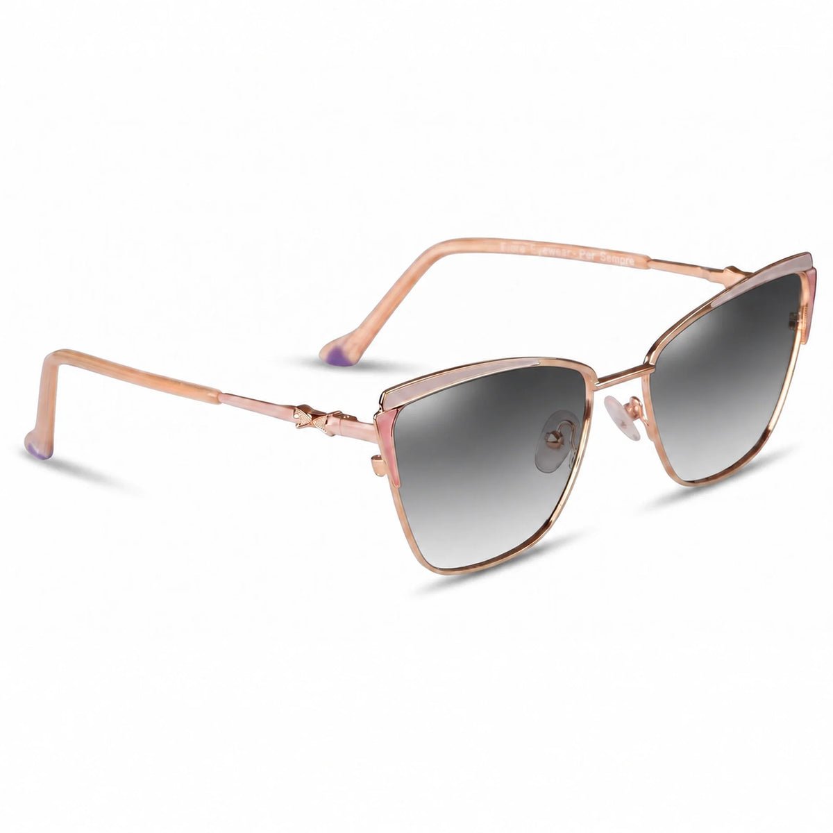 Fiore 3837 cat eye sunglasses, pink steel frame, gradient gray polarized lens, three-quarter view · ReFramed