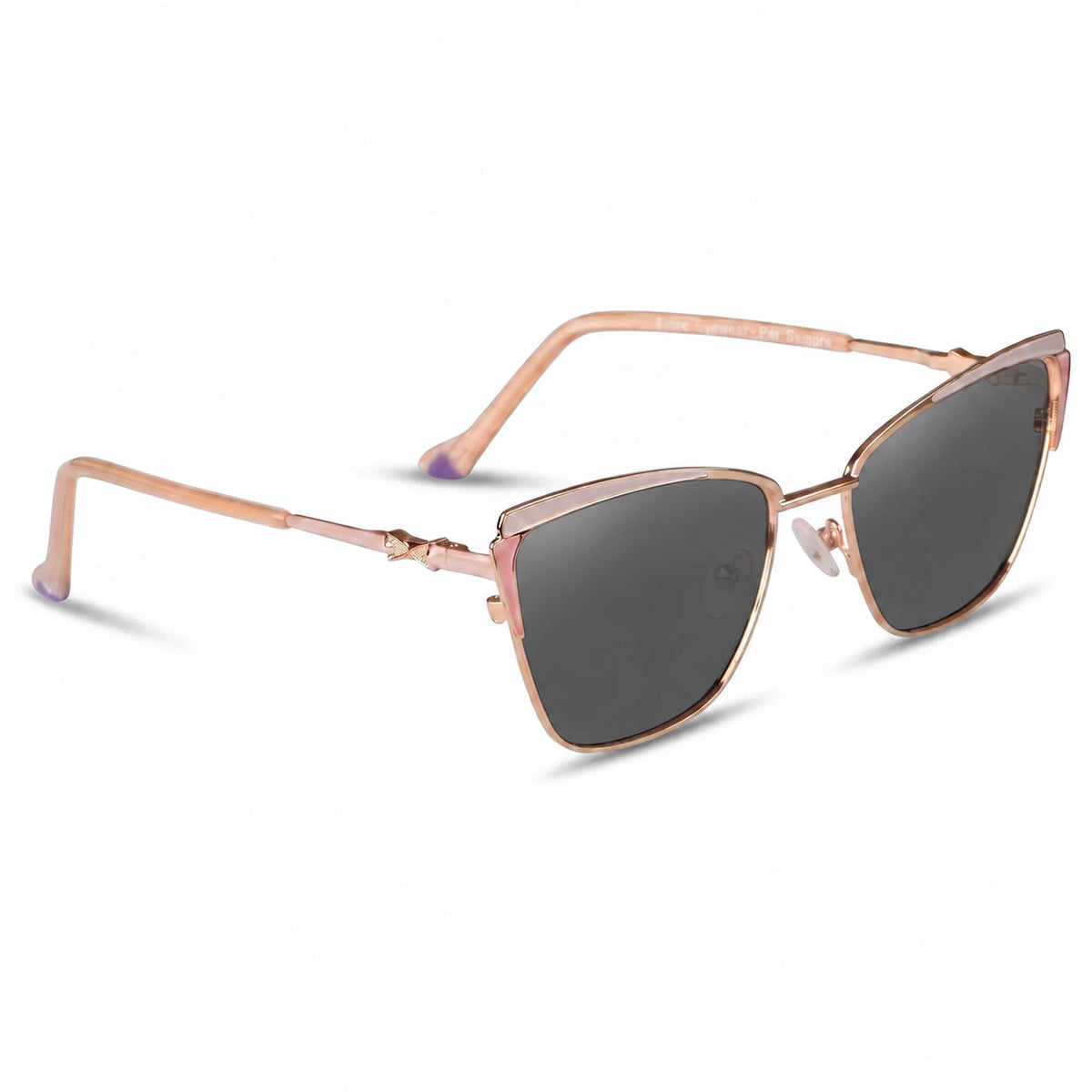 Fiore 3837 cat eye sunglasses, pink steel frame, black polarized lens, three-quarter view · ReFramed