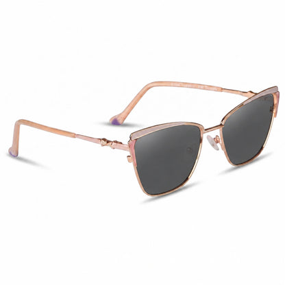 Fiore 3837 cat eye sunglasses, pink steel frame, black polarized lens, three-quarter view · ReFramed