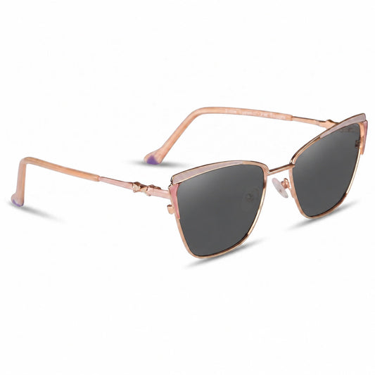 Fiore 3837 cat eye sunglasses, pink steel frame, black polarized lens, three-quarter view · ReFramed