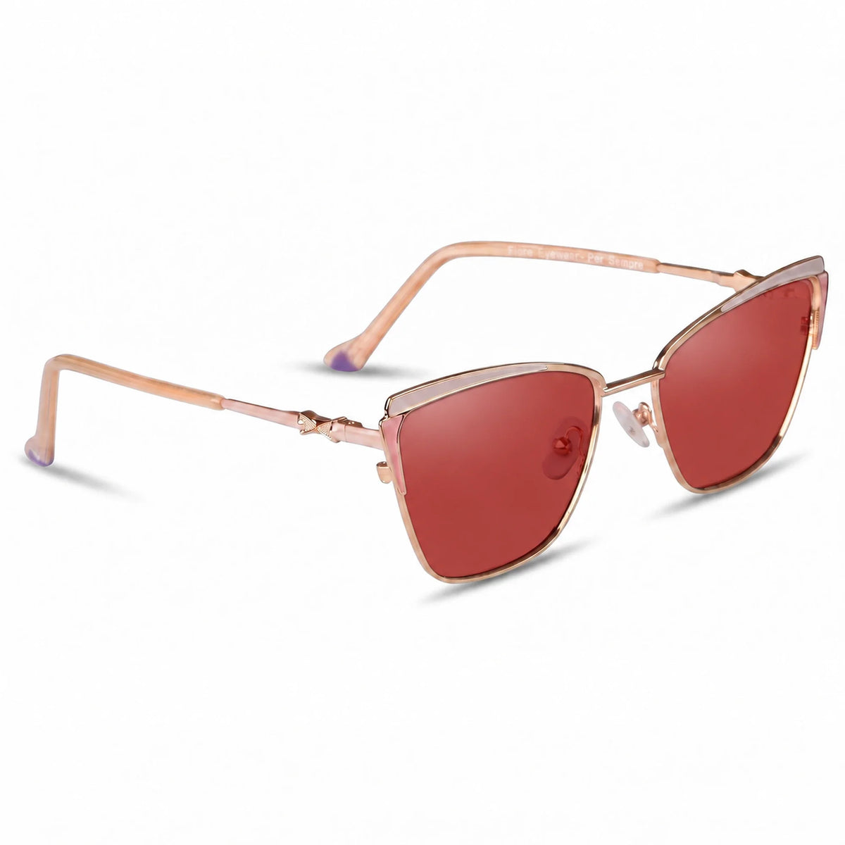 Fiore 3837 cat eye sunglasses, pink steel frame, red polarized lens, three-quarter view · ReFramed