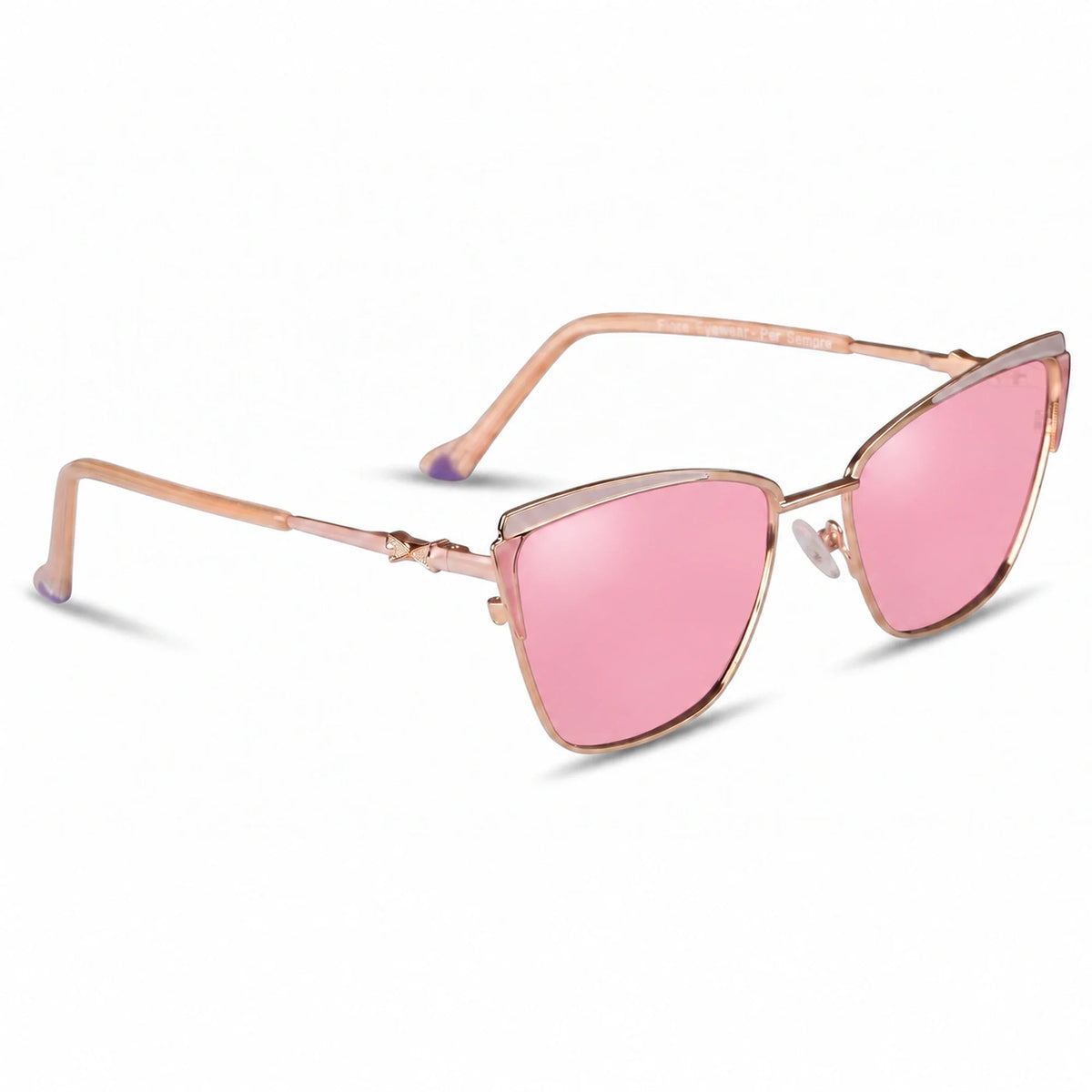 Fiore 3837 cat eye sunglasses, pink steel frame, pink polarized lens, three-quarter view · ReFramed