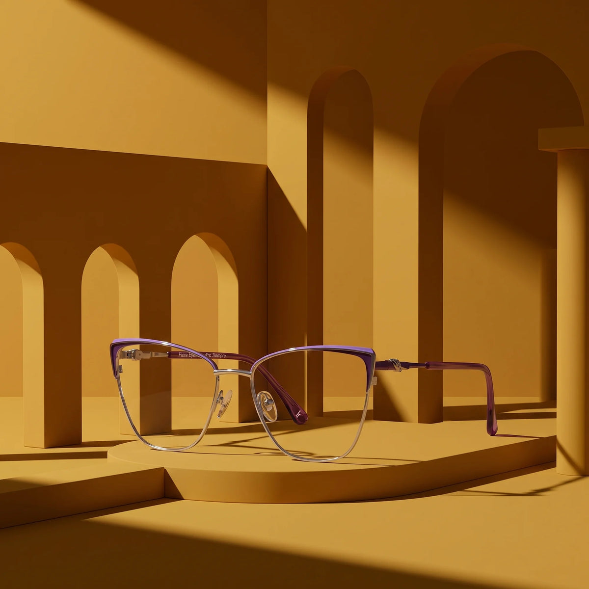 Fiore 3839 eyeglasses in purple silver – staged on a sculptural mustard ochre architecture set