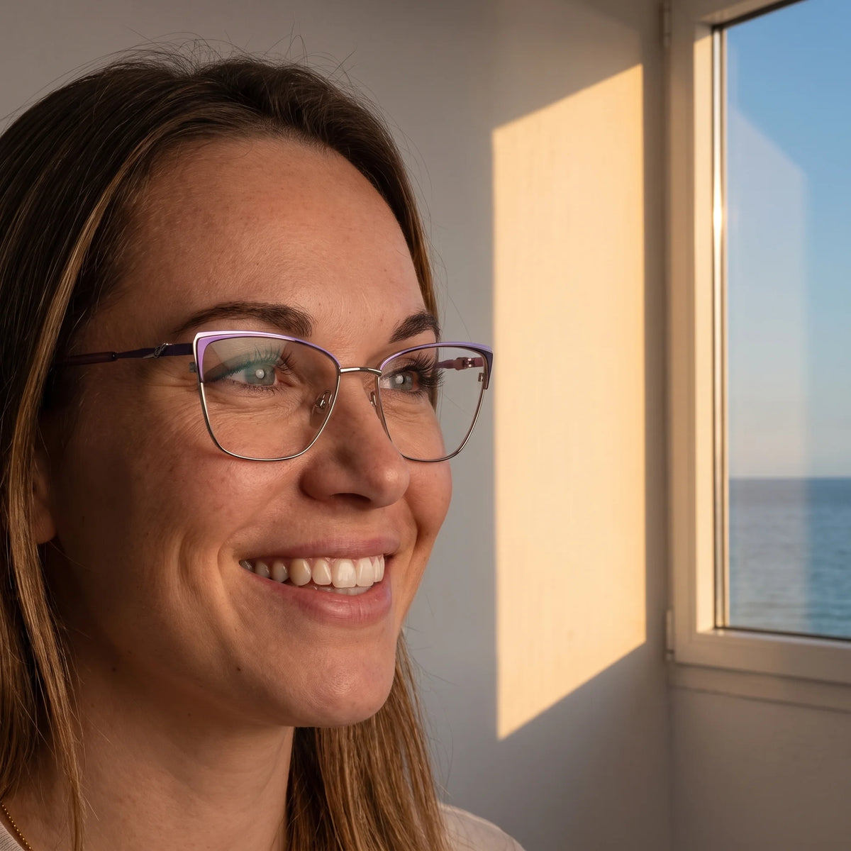 Fiore 3839 eyeglasses in purple silver, worn by a model – campaign portrait, smiling at a bright window over the sea