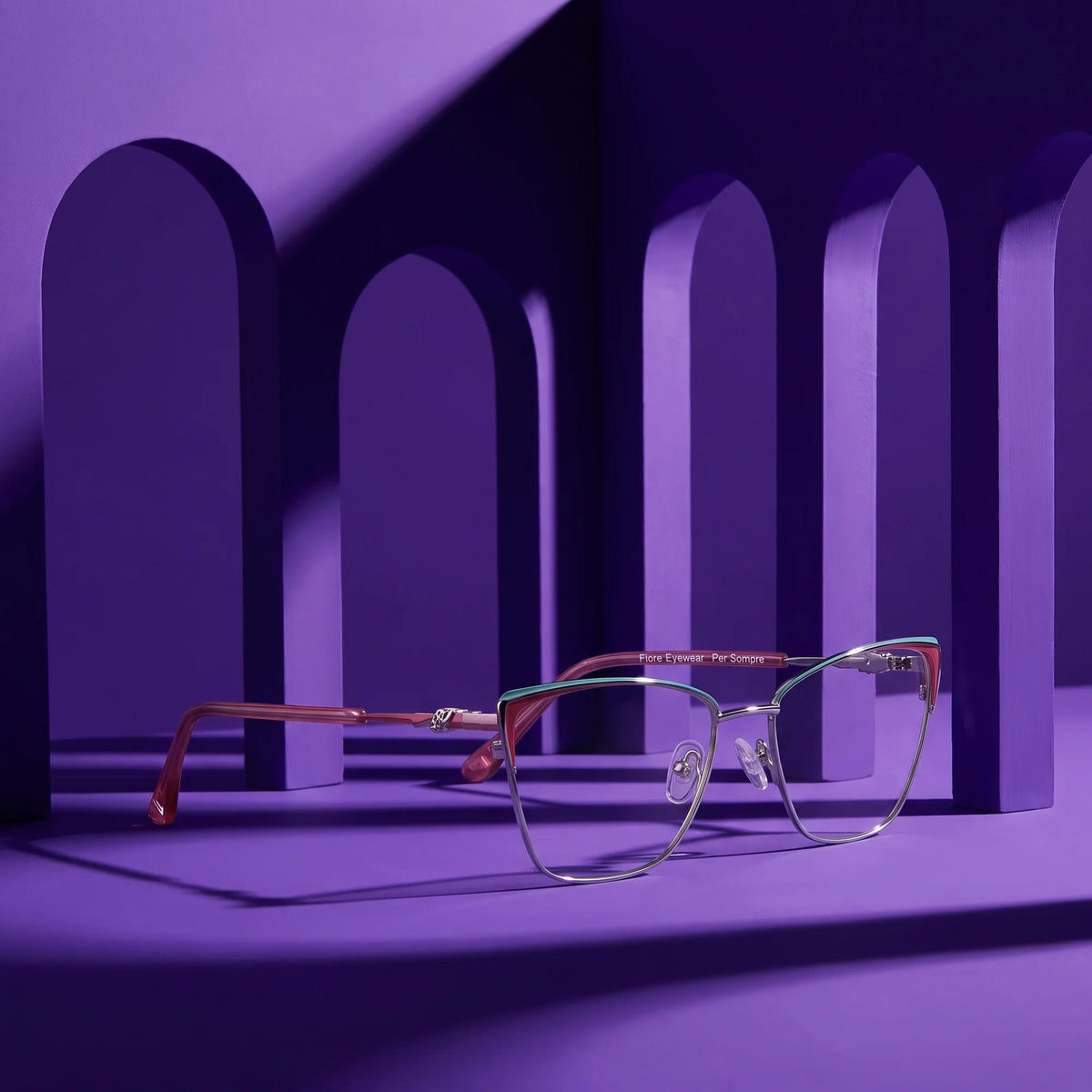 Fiore 3839 eyeglasses in red gun – still life among monochrome violet arches