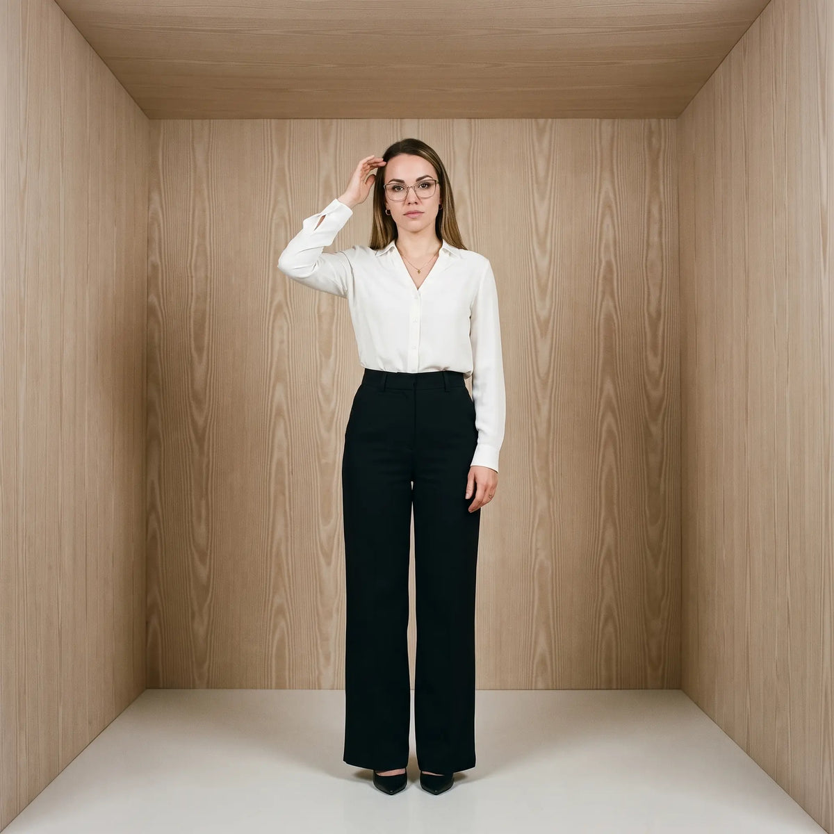 Fiore 3839 eyeglasses in red gun, worn by a model – campaign portrait, soft portrait in blush moire tones