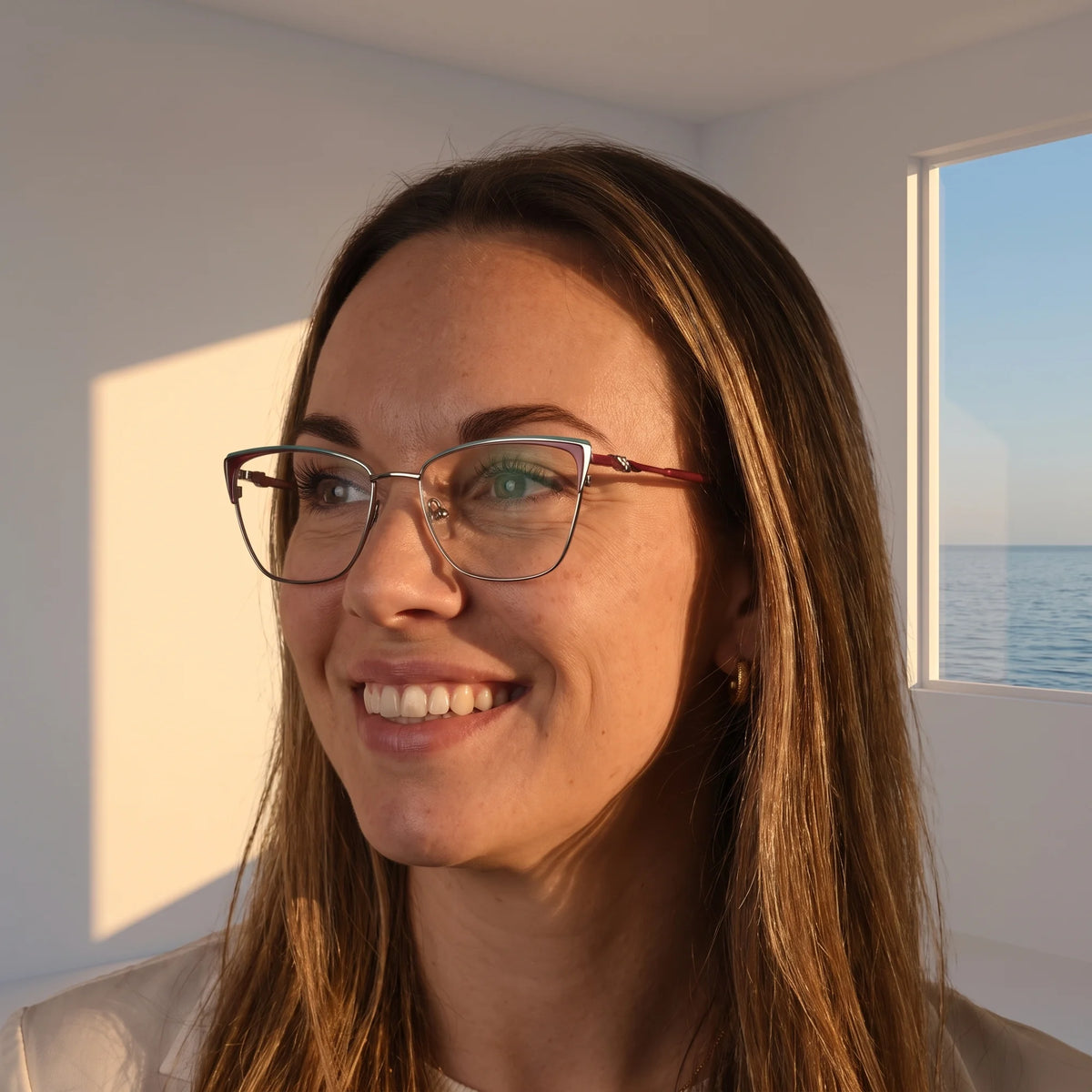 Fiore 3839 eyeglasses in red gun, worn by a model – campaign portrait, smiling at a bright window over the sea