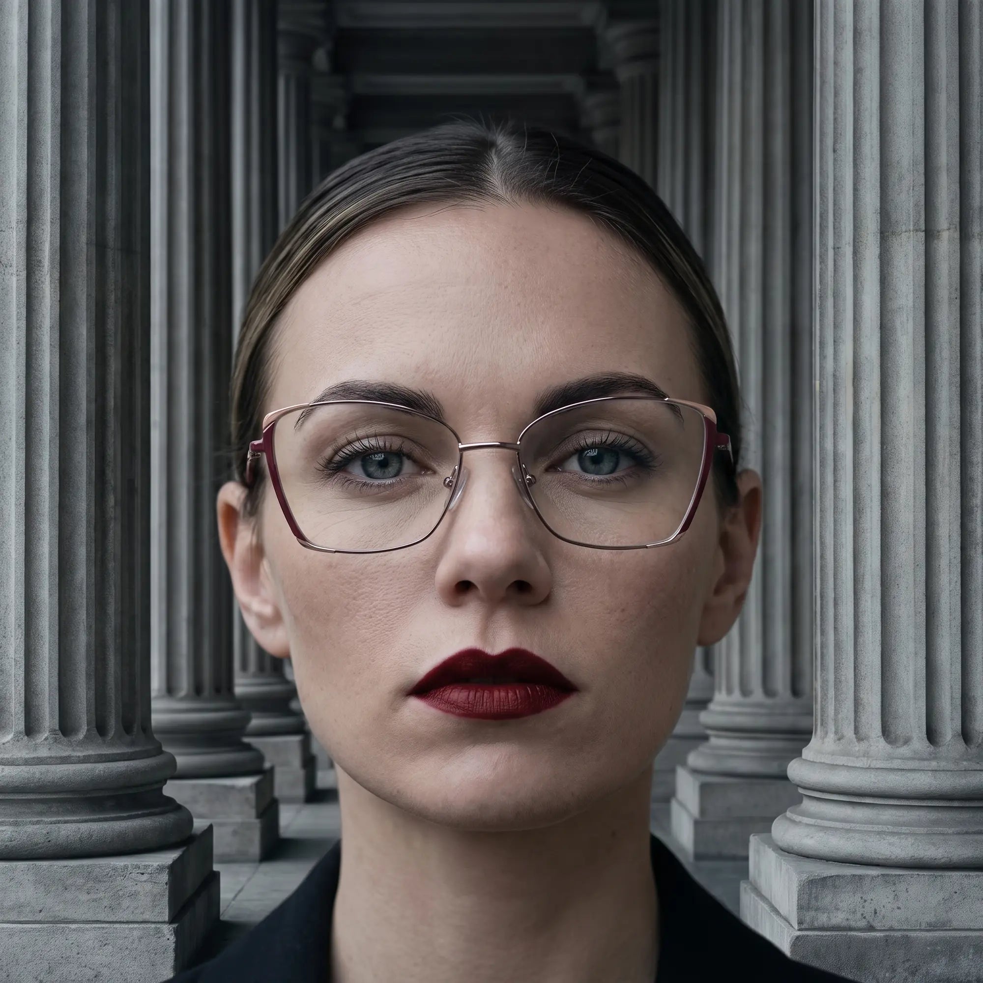 Fiore 3916 eyeglasses in purple pink silver, worn by a model – campaign portrait, moody autumn portrait between stone columns
