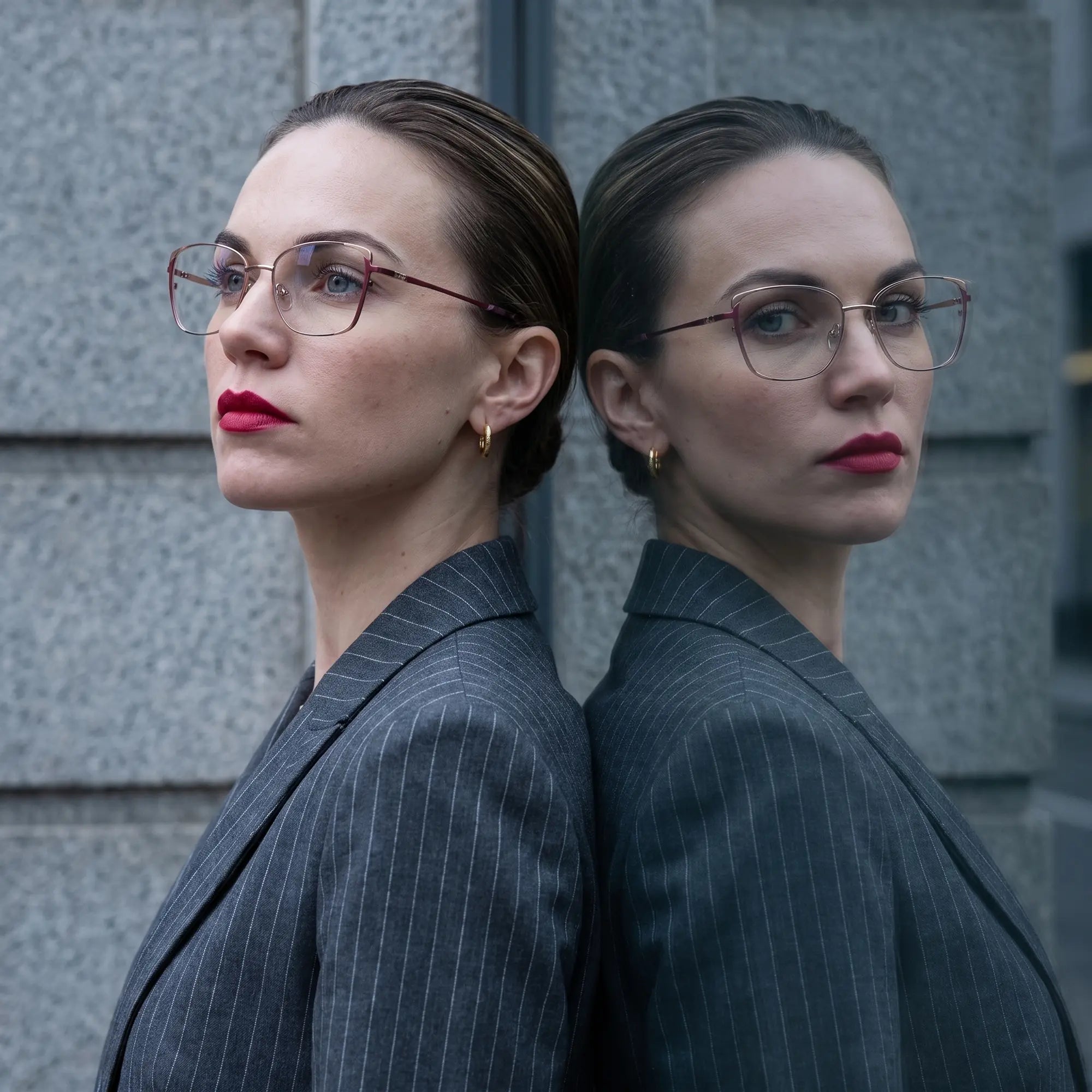 Fiore 3916 eyeglasses in purple pink silver, worn by a model – campaign portrait, overcast-city autumn street style