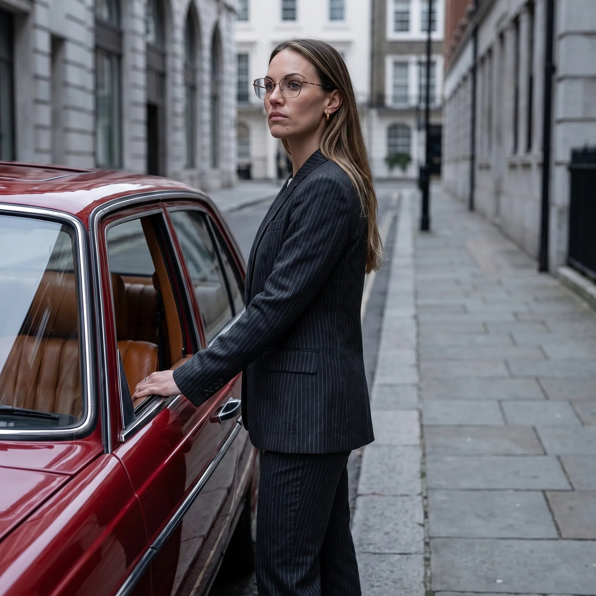 Fiore 3916 eyeglasses in purple pink silver, worn by a model – campaign portrait, pinstripe suit beside a classic red car