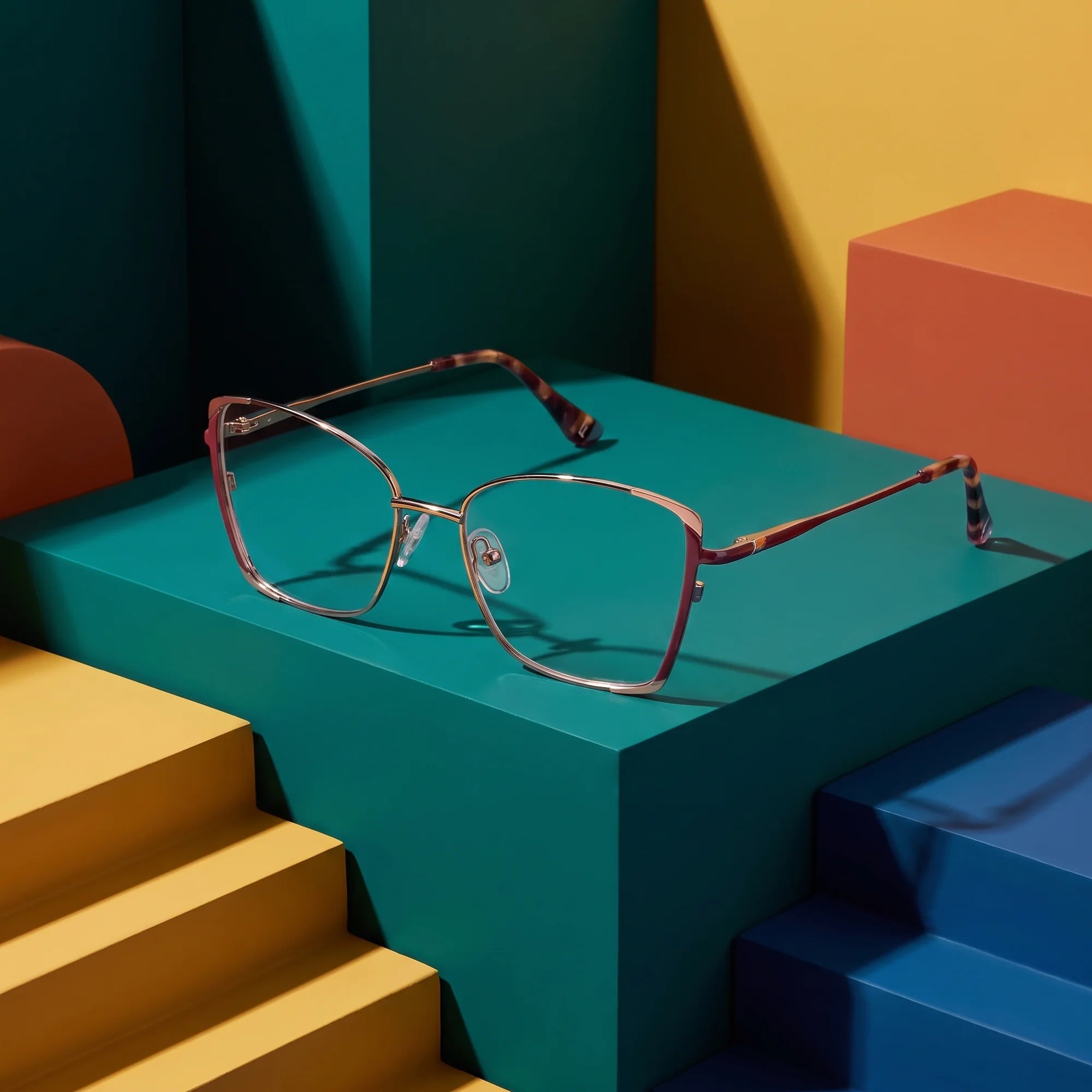 Fiore 3916 eyeglasses in purple pink silver – on bold primary color-block steps