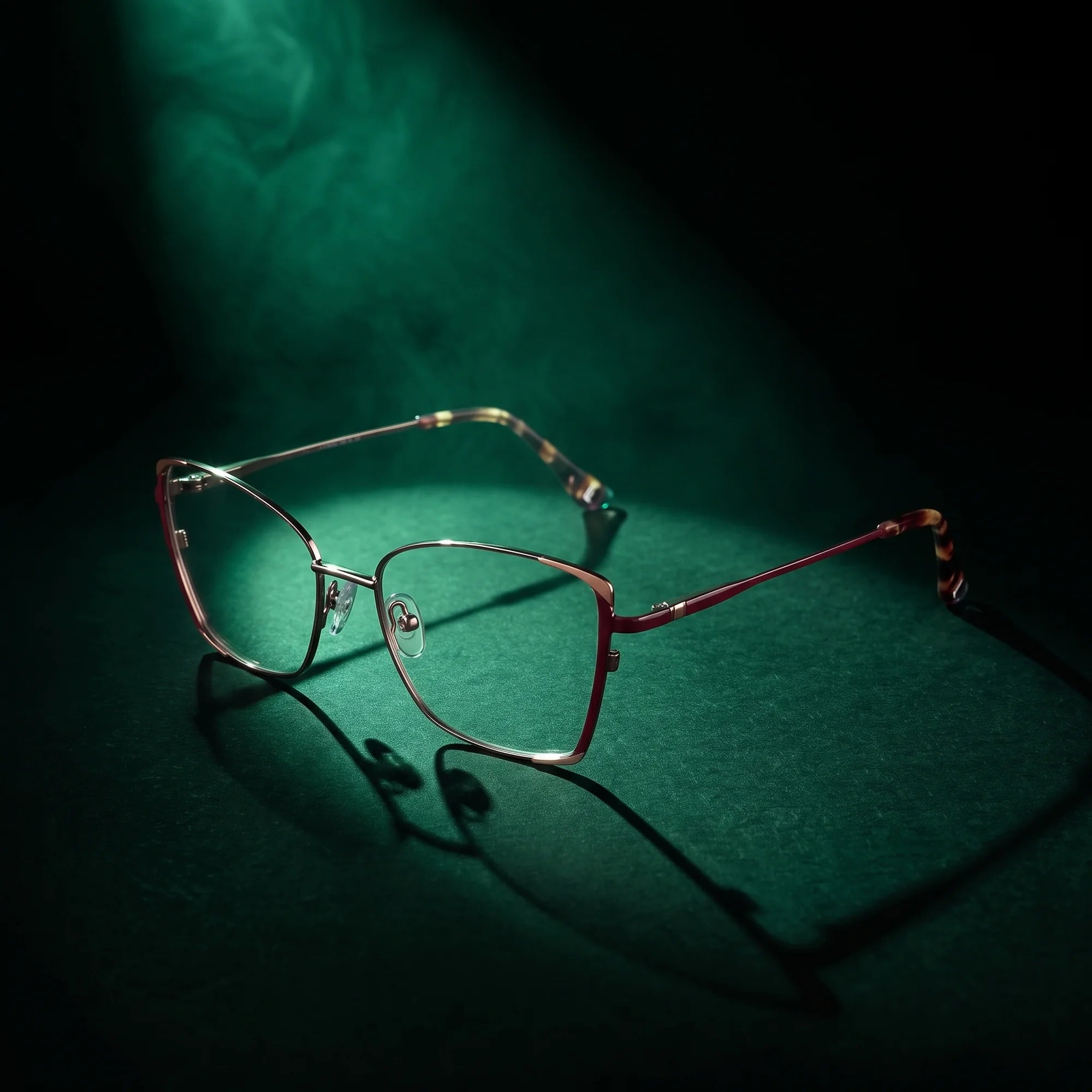 Fiore 3916 eyeglasses in purple pink silver – under a theatrical beam of light