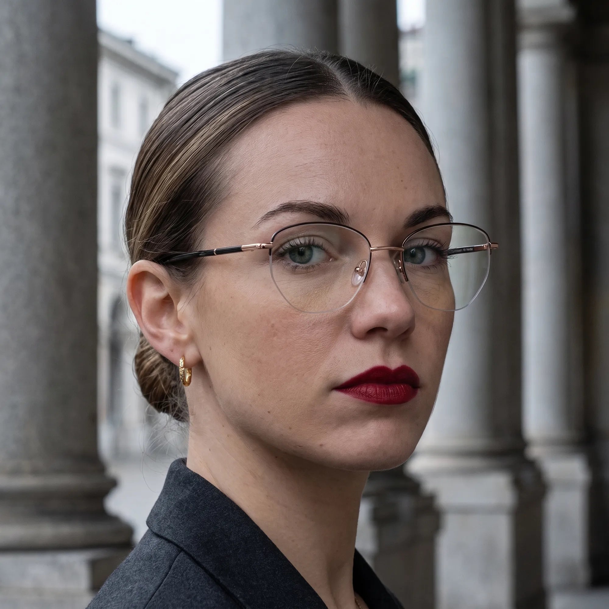 Fiore 3921 eyeglasses in black gold, worn by a model – campaign portrait, moody autumn portrait between stone columns