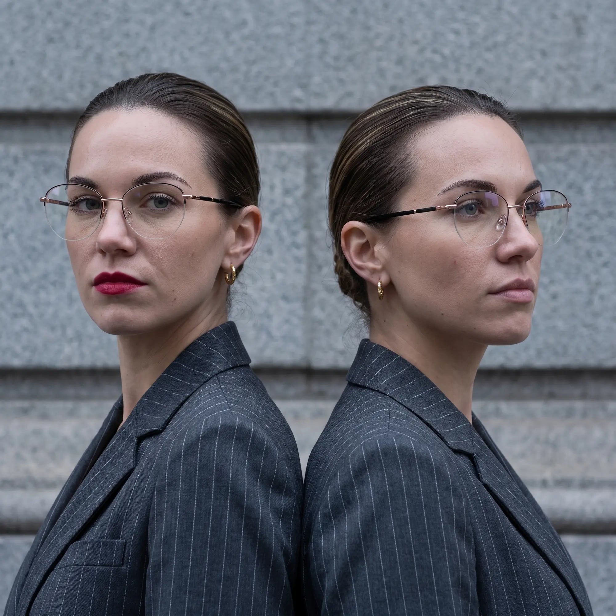 Fiore 3921 eyeglasses in black gold, worn by a model – campaign portrait, overcast-city autumn street style