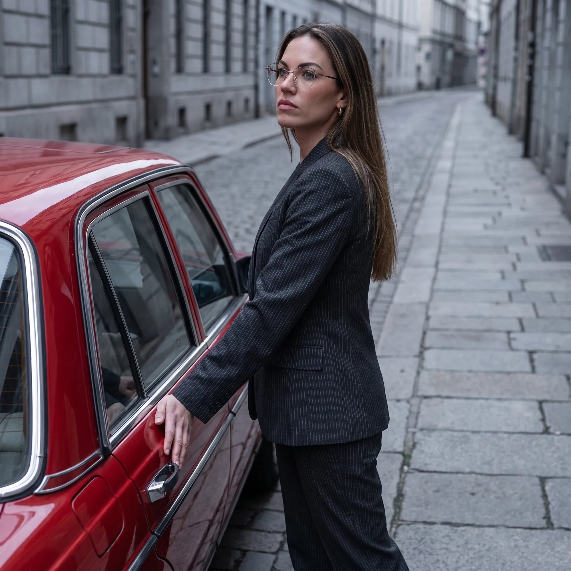 Fiore 3921 eyeglasses in black gold, worn by a model – campaign portrait, pinstripe suit beside a classic red car