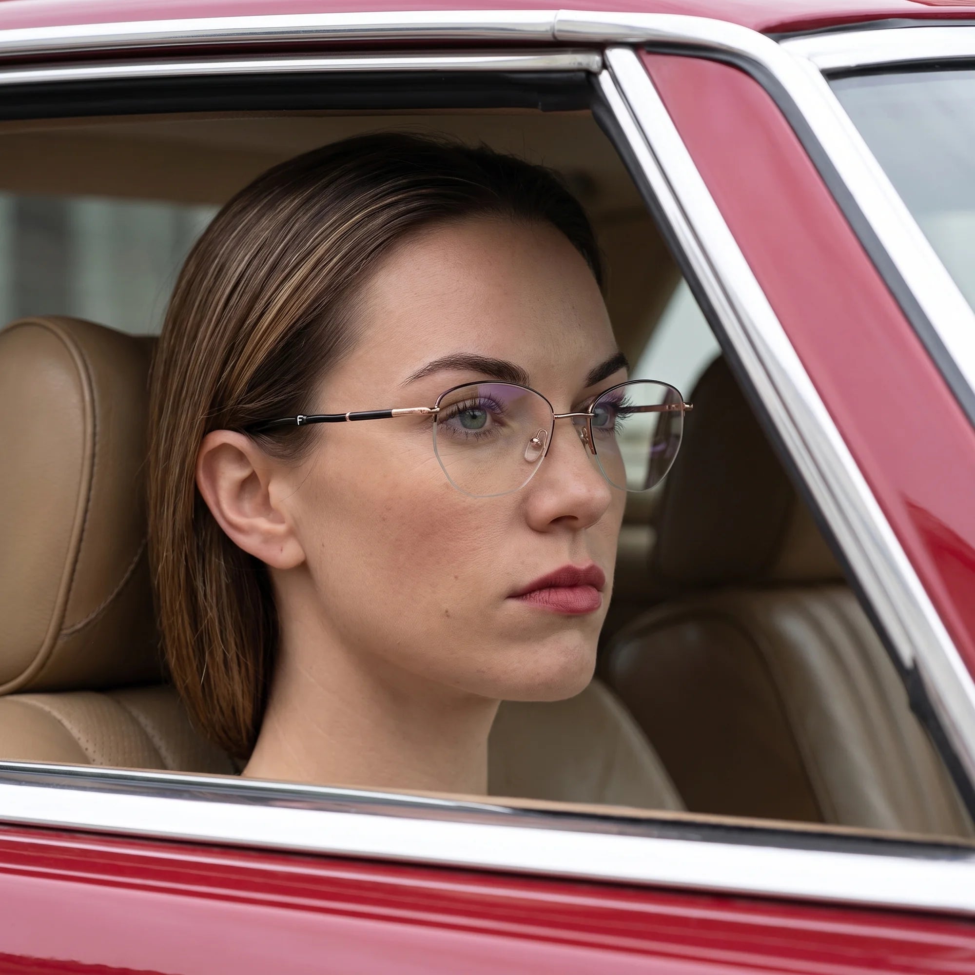 Fiore 3921 eyeglasses in black gold, worn by a model – campaign portrait, gaze through a classic red car window