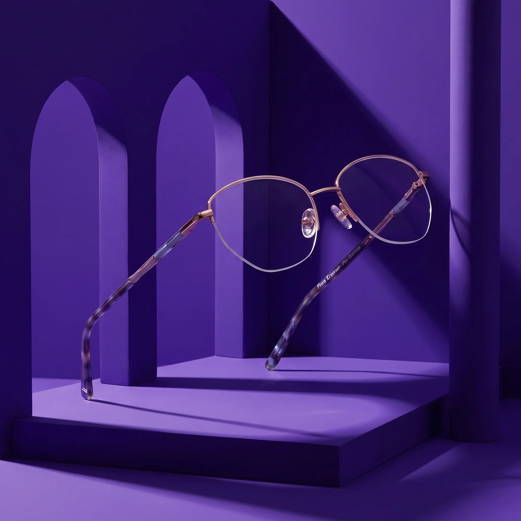 Fiore 3921 eyeglasses in grey brown – still life among monochrome violet arches