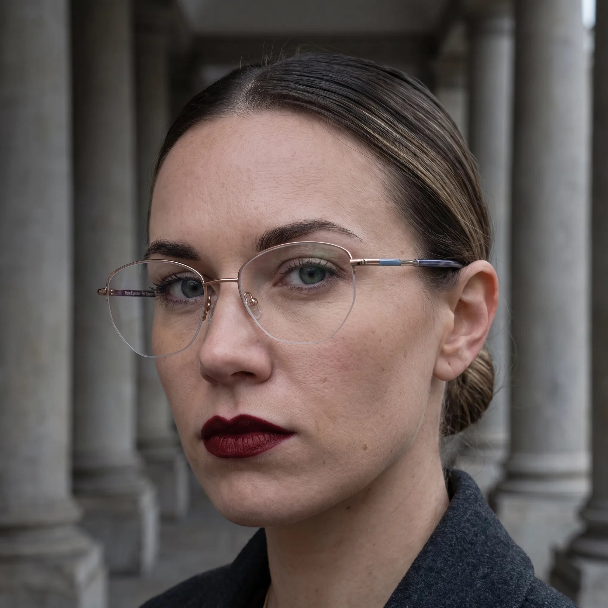 Fiore 3921 eyeglasses in grey brown, worn by a model – campaign portrait, moody autumn portrait between stone columns
