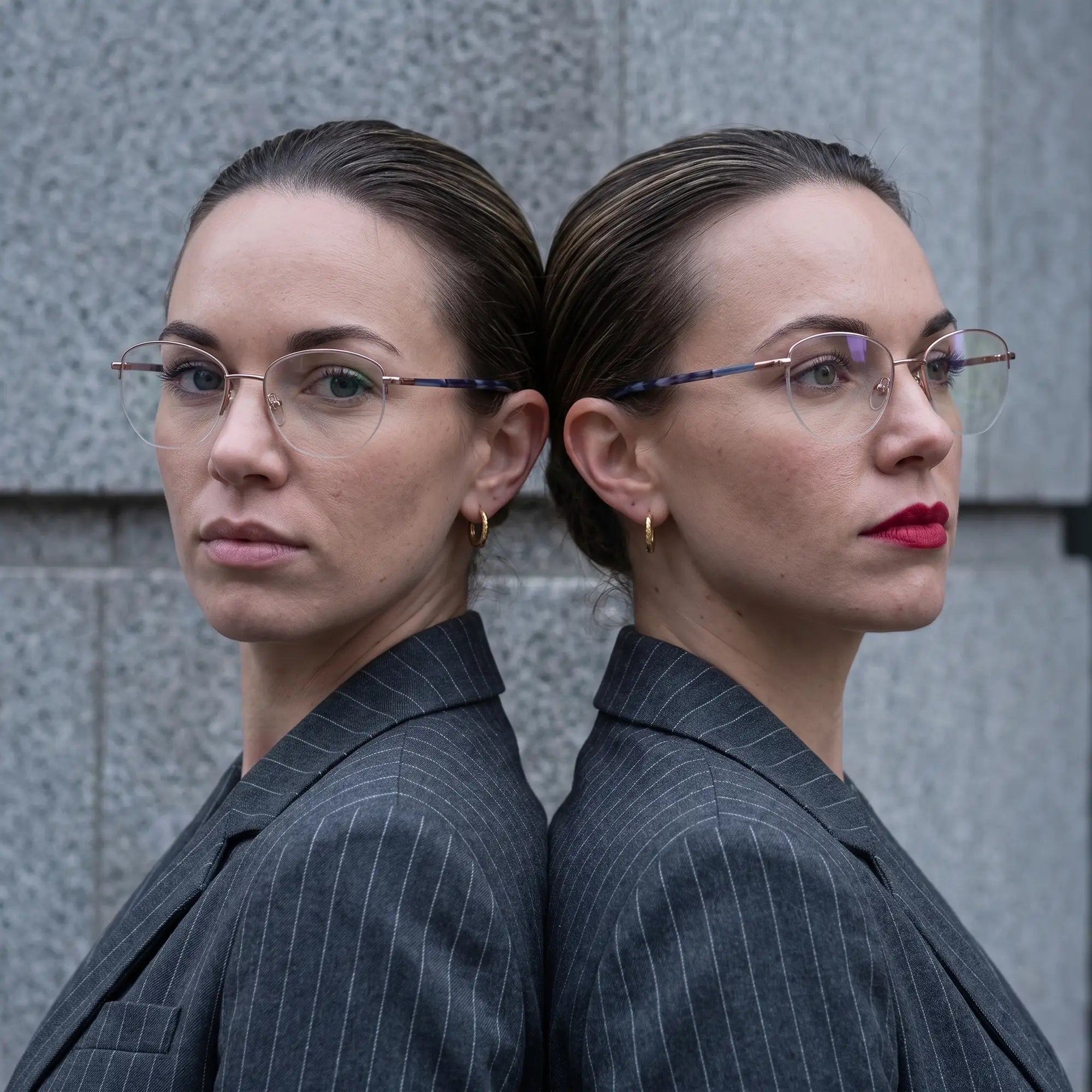 Fiore 3921 eyeglasses in grey brown, worn by a model – campaign portrait, overcast-city autumn street style