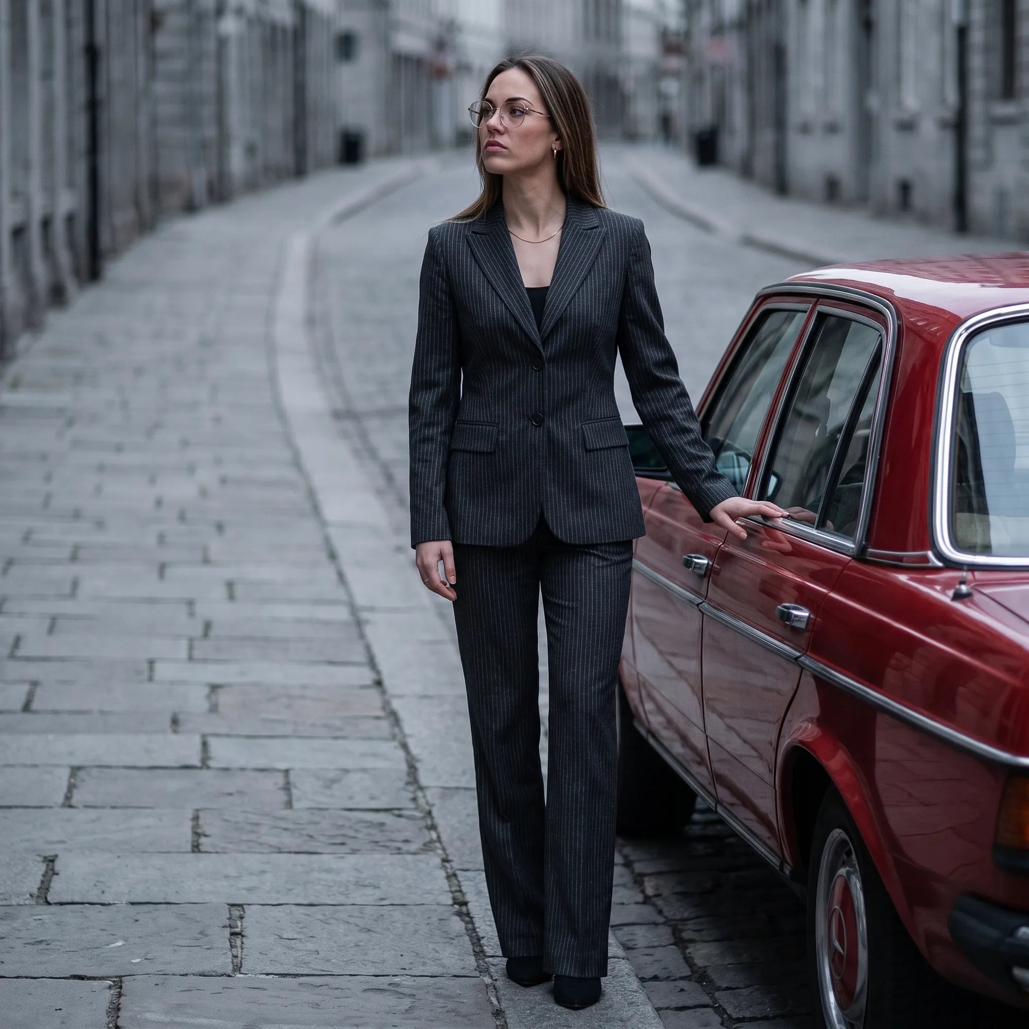 Fiore 3921 eyeglasses in brown gold, worn by a model – campaign portrait, pinstripe suit beside a classic red car