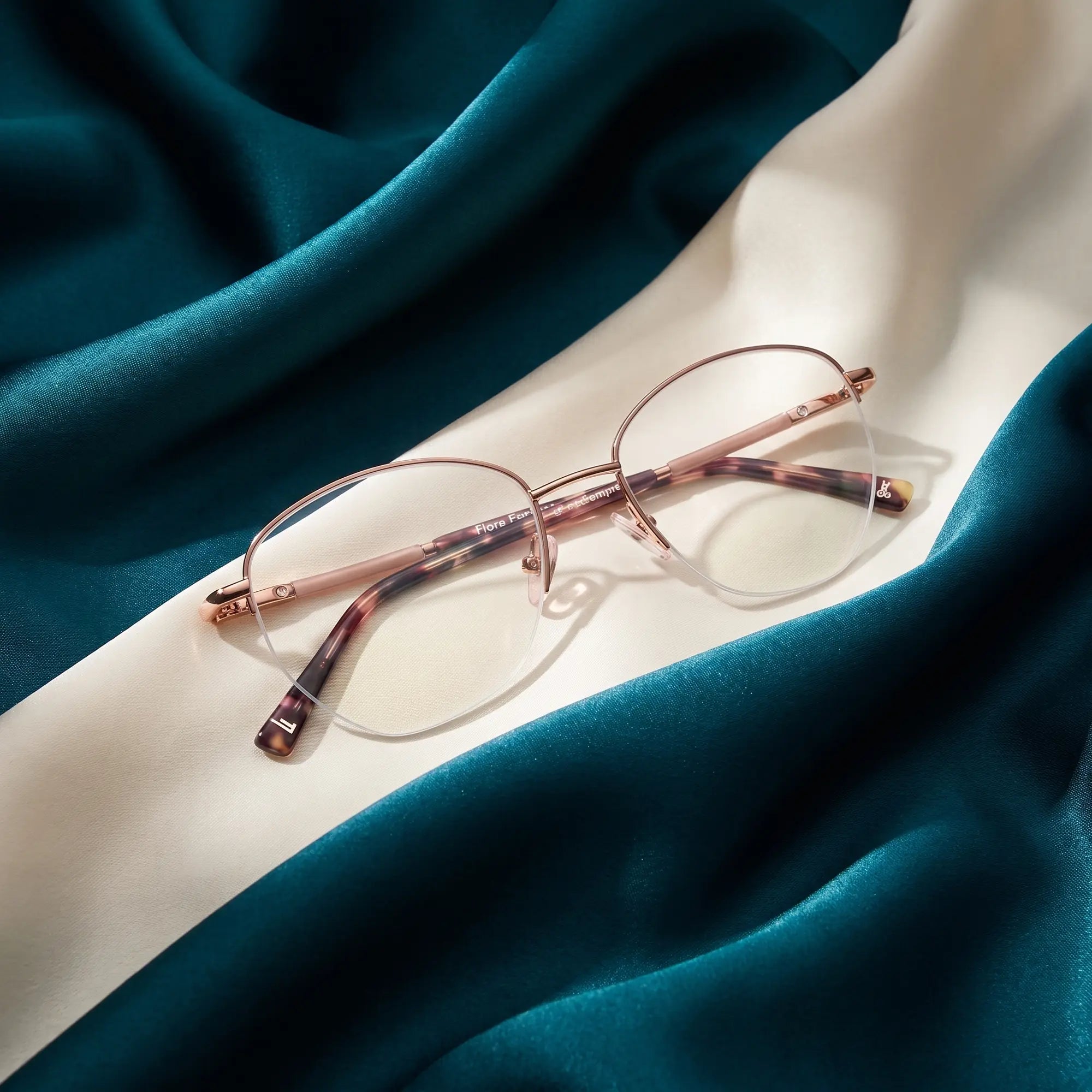 Fiore 3921 eyeglasses in brown gold – resting on draped teal and ivory silk