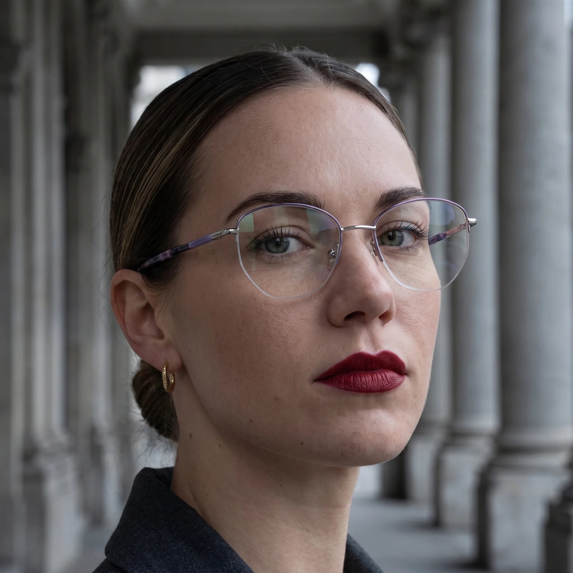 Fiore 3921 eyeglasses in purple silver, worn by a model – campaign portrait, moody autumn portrait between stone columns