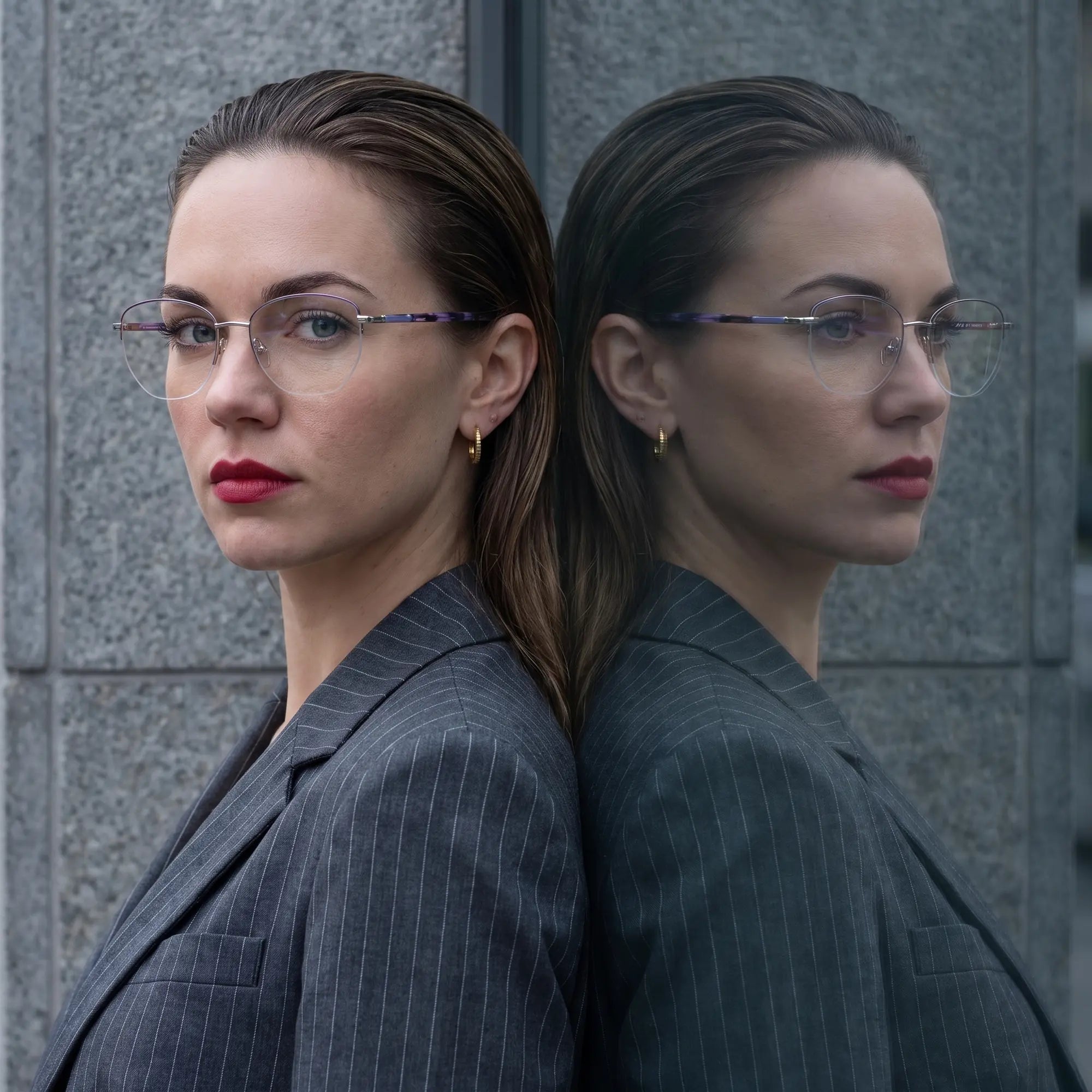 Fiore 3921 eyeglasses in purple silver, worn by a model – campaign portrait, overcast-city autumn street style
