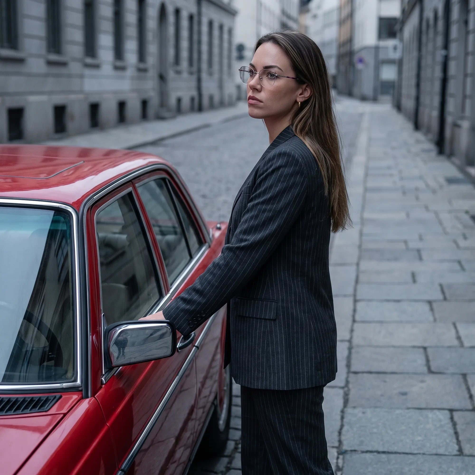 Fiore 3921 eyeglasses in purple silver, worn by a model – campaign portrait, pinstripe suit beside a classic red car