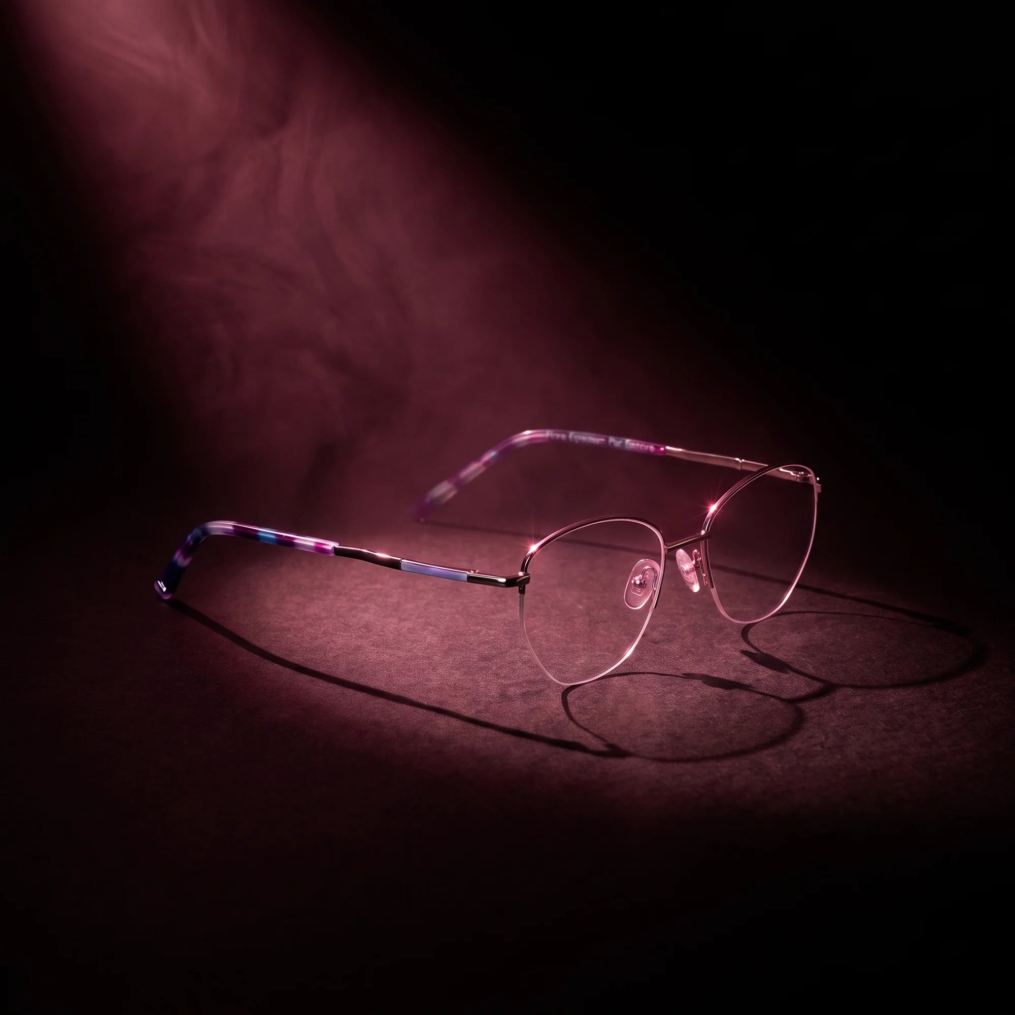 Fiore 3921 eyeglasses in purple silver – under a theatrical beam of light