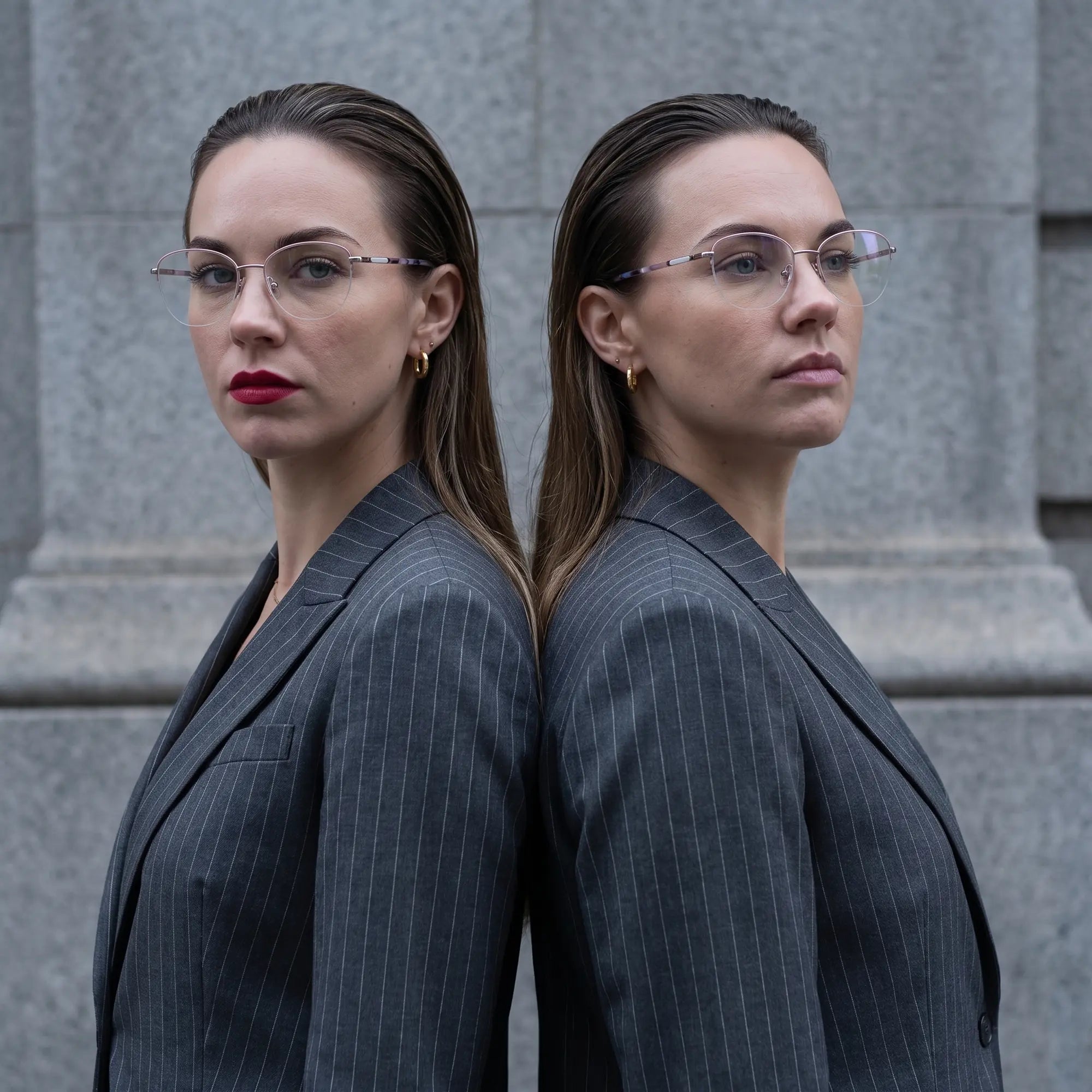 Fiore 3921 eyeglasses in pink silver, worn by a model – campaign portrait, overcast-city autumn street style