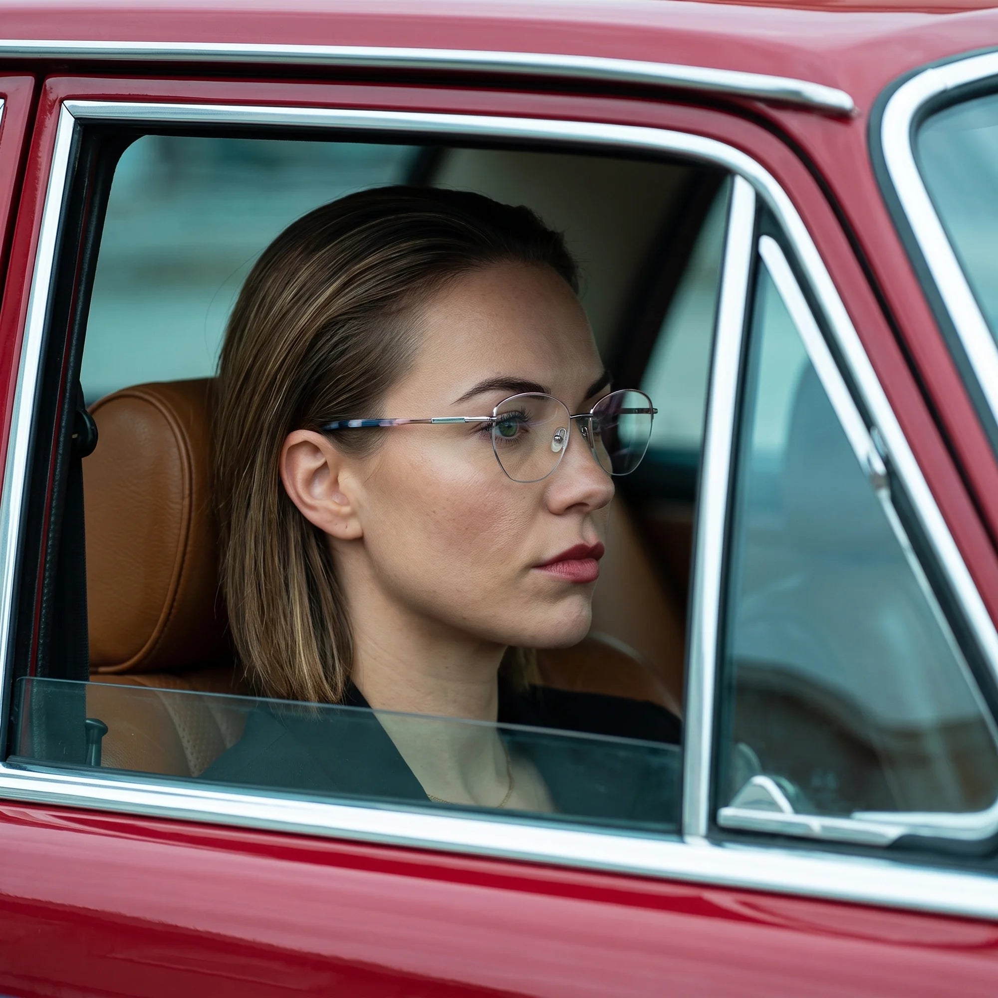 Fiore 3921 eyeglasses in pink silver, worn by a model – campaign portrait, gaze through a classic red car window