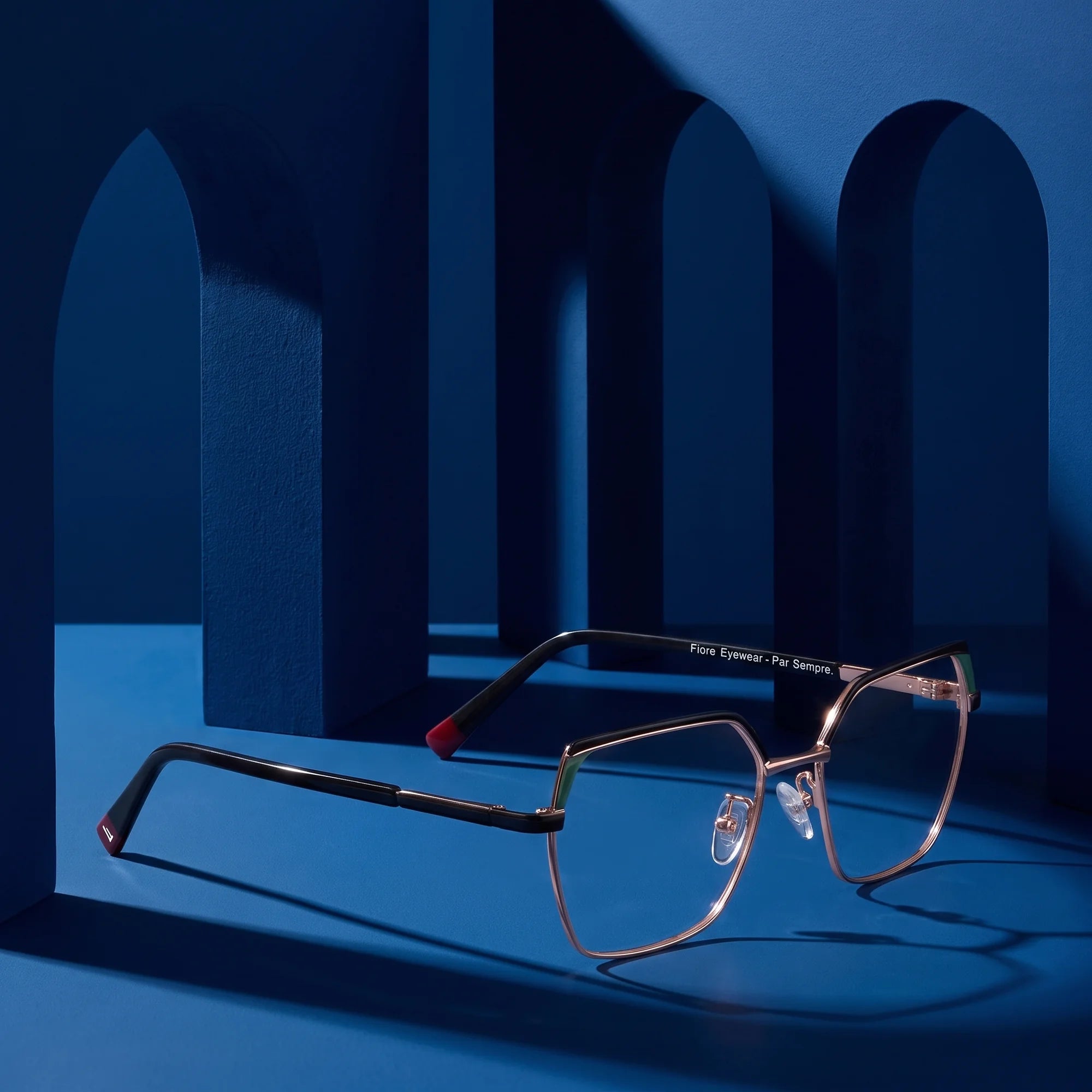 Fiore 3971 eyeglasses in black gold – still life among monochrome midnight blue arches