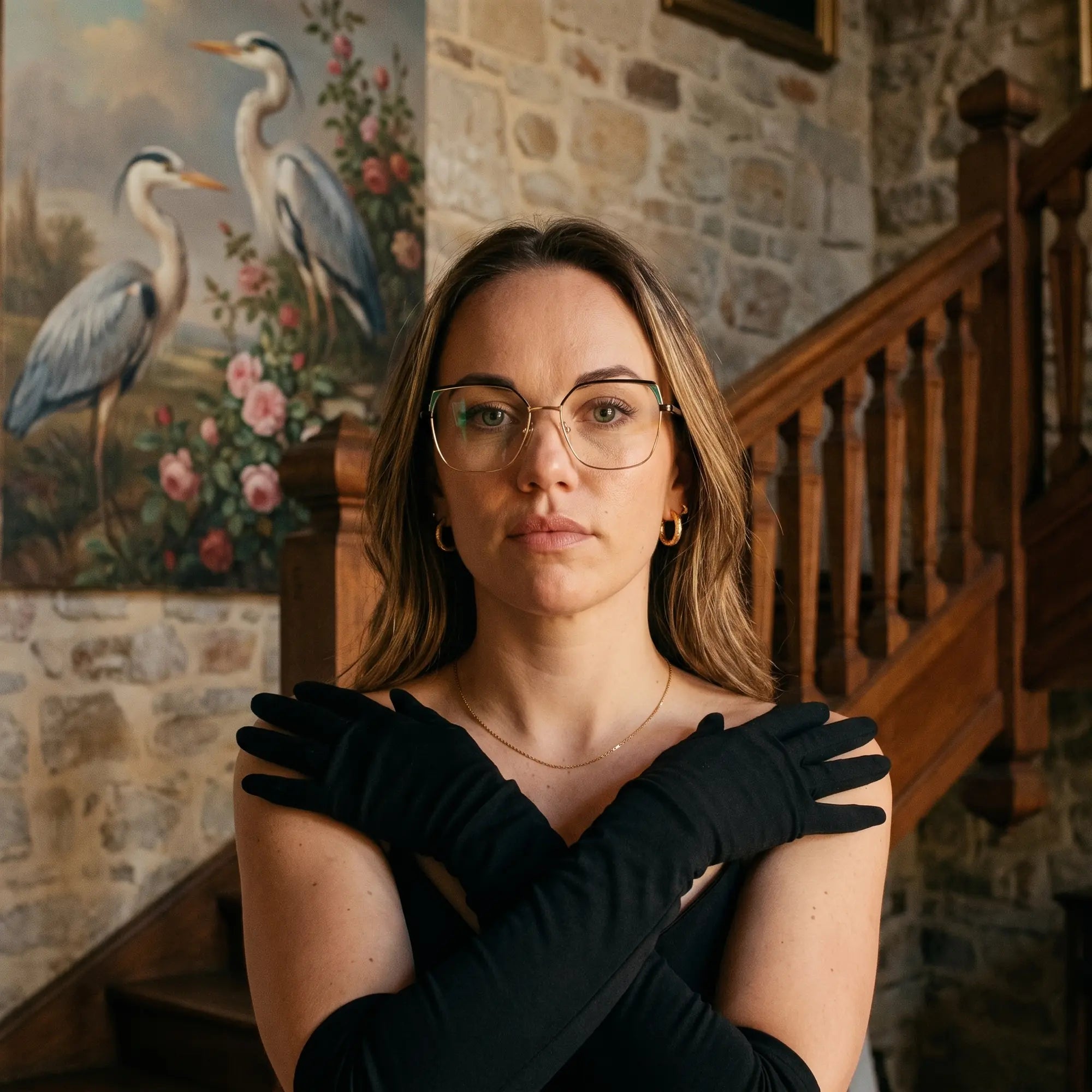 Fiore 3971 eyeglasses in black gold, worn by a model – campaign portrait, manor interior, heron painting and opera gloves