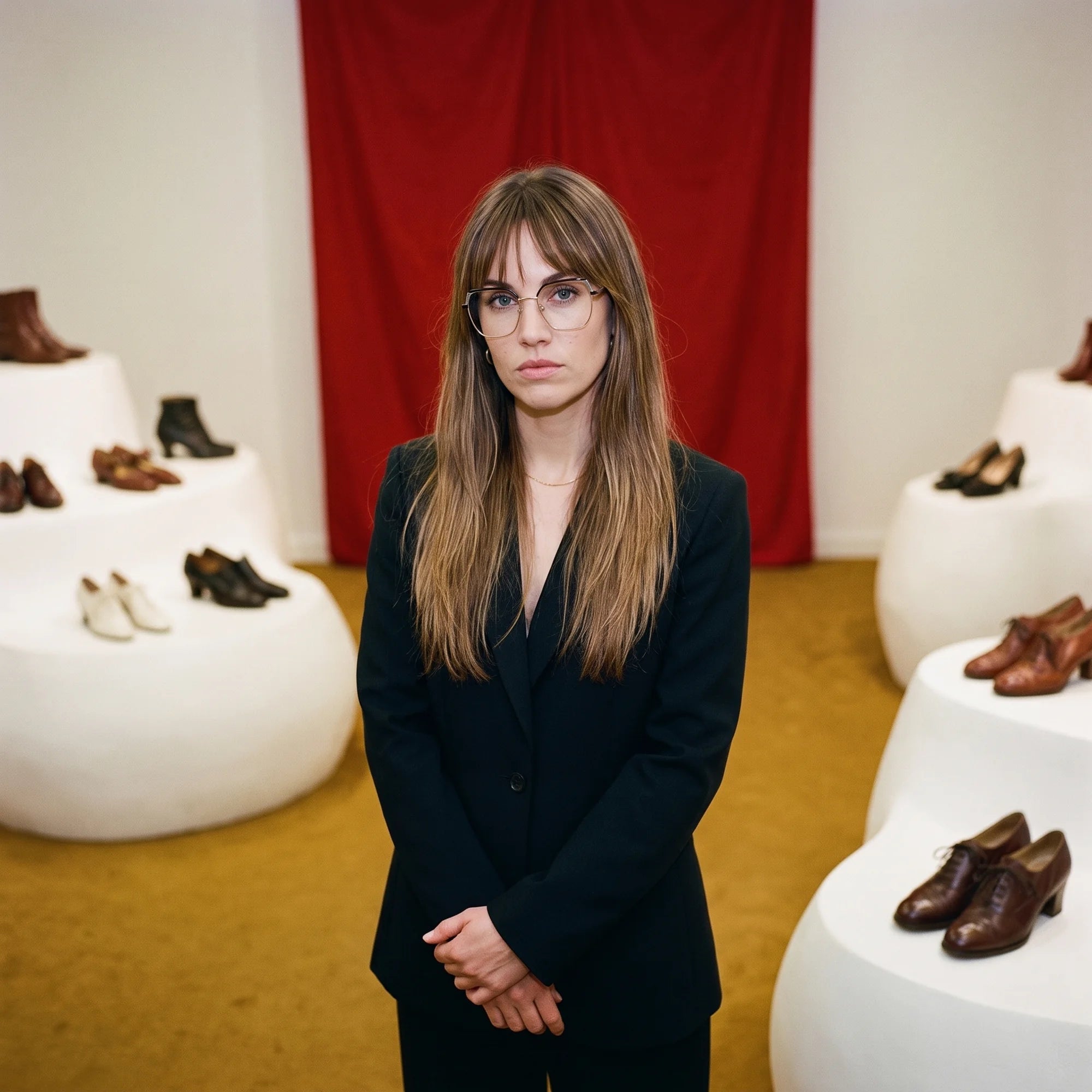 Fiore 3971 eyeglasses in black gold, worn by a model – campaign portrait, gallery scene with red curtain and plinths
