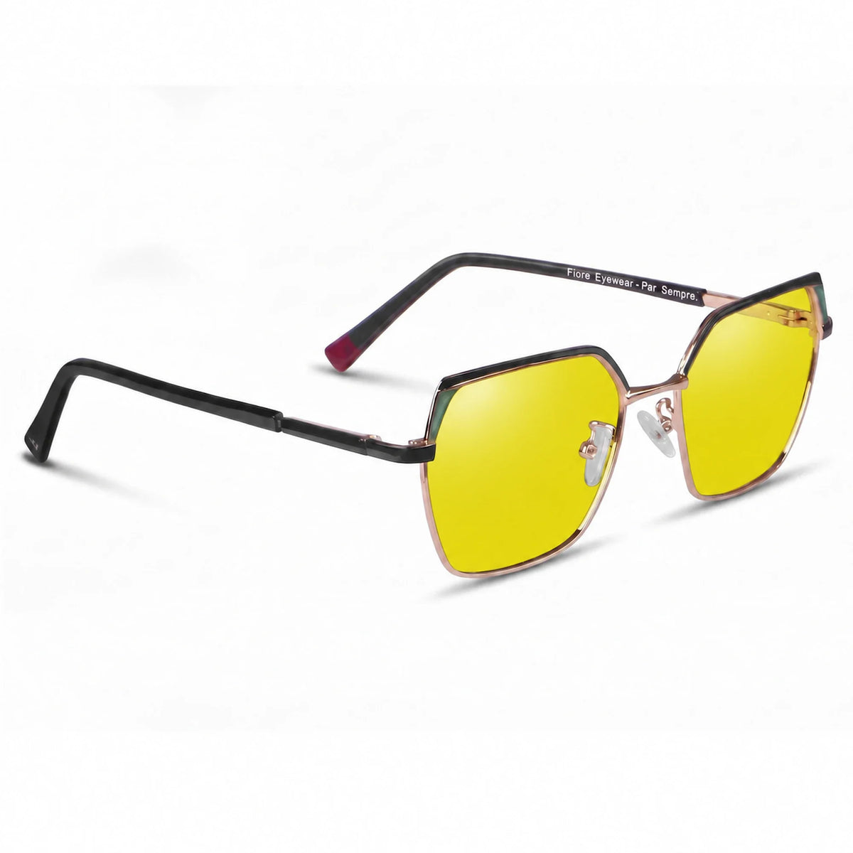 Fiore 3971 geometric sunglasses, black steel frame, yellow polarized lens, three-quarter view · ReFramed