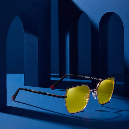 Fiore 3971 geometric sunglasses, black steel frame, editorial still (angle 2) · ReFramed