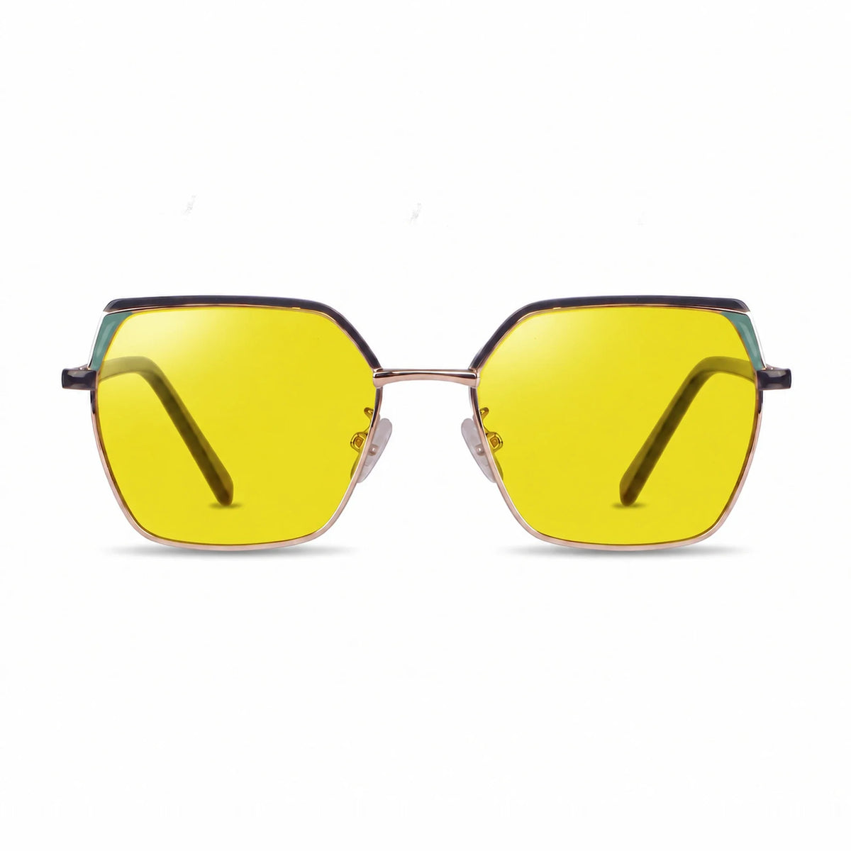 Fiore 3971 geometric sunglasses, black steel frame, yellow polarized lens, front view · ReFramed