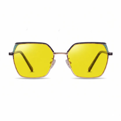 Fiore 3971 geometric sunglasses, black steel frame, yellow polarized lens, front view · ReFramed