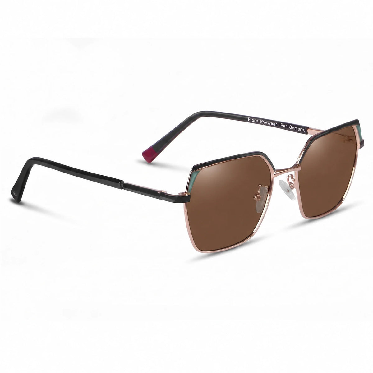 Fiore 3971 geometric sunglasses, black steel frame, brown polarized lens, three-quarter view · ReFramed