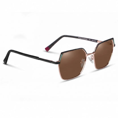 Fiore 3971 geometric sunglasses, black steel frame, brown polarized lens, three-quarter view · ReFramed