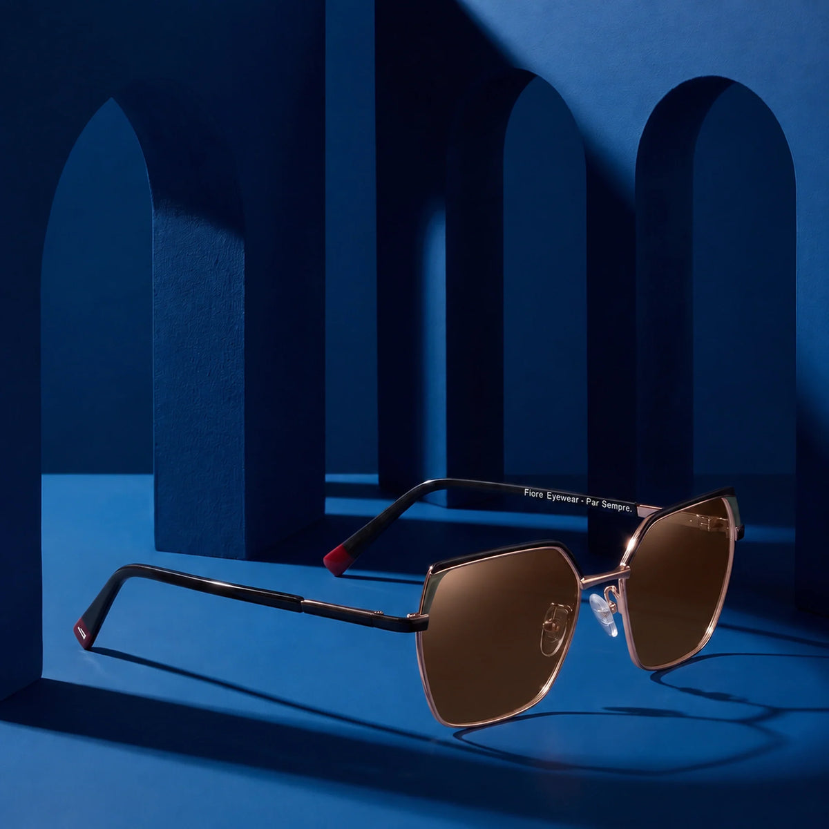Fiore 3971 geometric sunglasses, black steel frame, editorial still · ReFramed