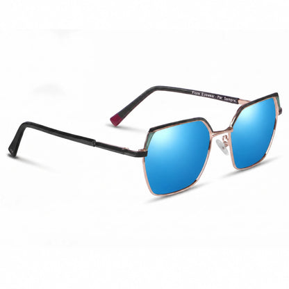 Fiore 3971 geometric sunglasses, black steel frame, mirrored blue polarized lens, three-quarter view · ReFramed