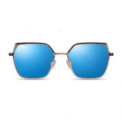 Fiore 3971 geometric sunglasses, black steel frame, mirrored blue polarized lens, front view · ReFramed