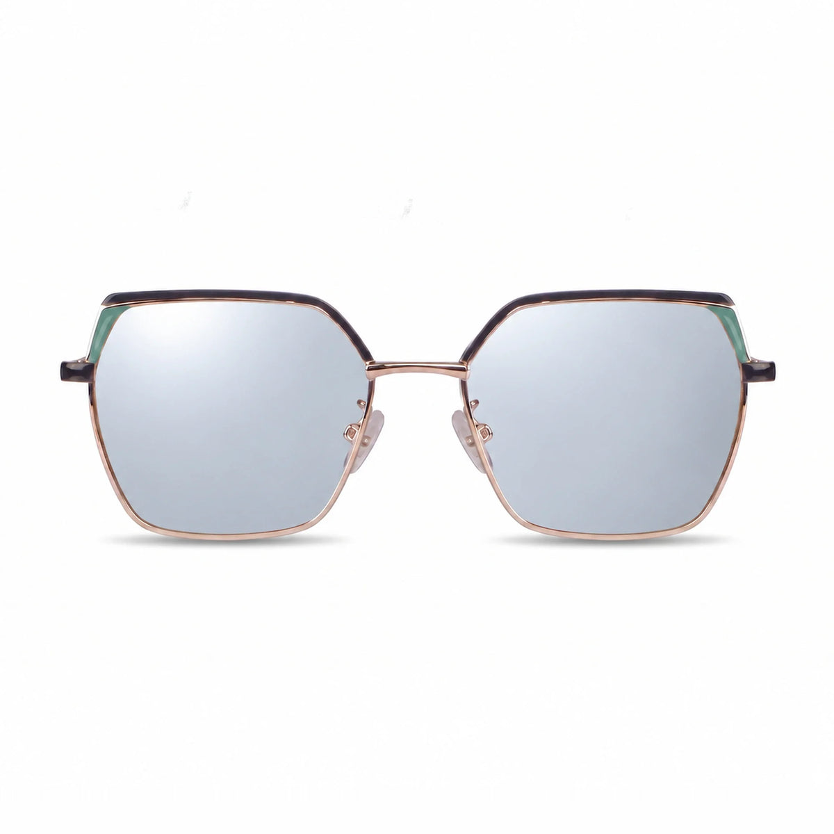 Fiore 3971 geometric sunglasses, black steel frame, mirrored silver polarized lens, front view · ReFramed