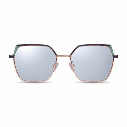 Fiore 3971 geometric sunglasses, black steel frame, mirrored silver polarized lens, front view · ReFramed