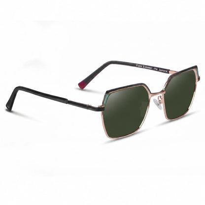 Fiore 3971 geometric sunglasses, black steel frame, G15 polarized lens, three-quarter view · ReFramed